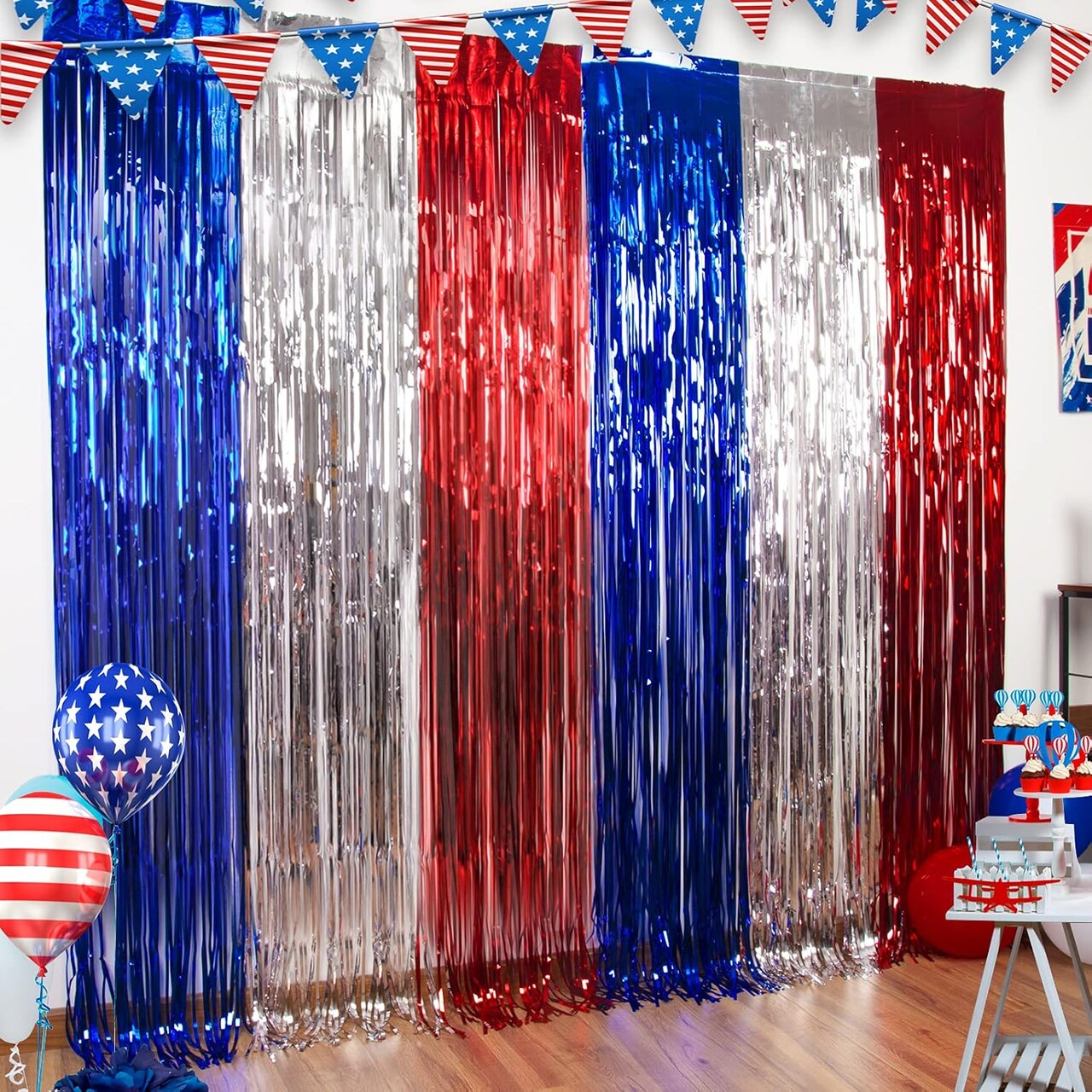 4th of July Decorations,Red White and Blue 3 Pack Tinsel Foil Fringe Curtains